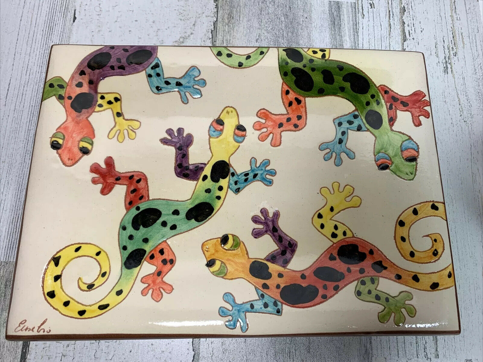 Art Pottery Colorful Salamander Reptile Rectangler Plates Spain Set Of 2 Signed