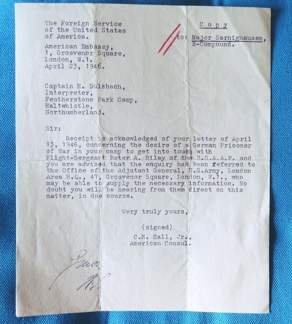 German Document 1946 - Flight Sergeant Peter Riley Usaaf - Pow Camp