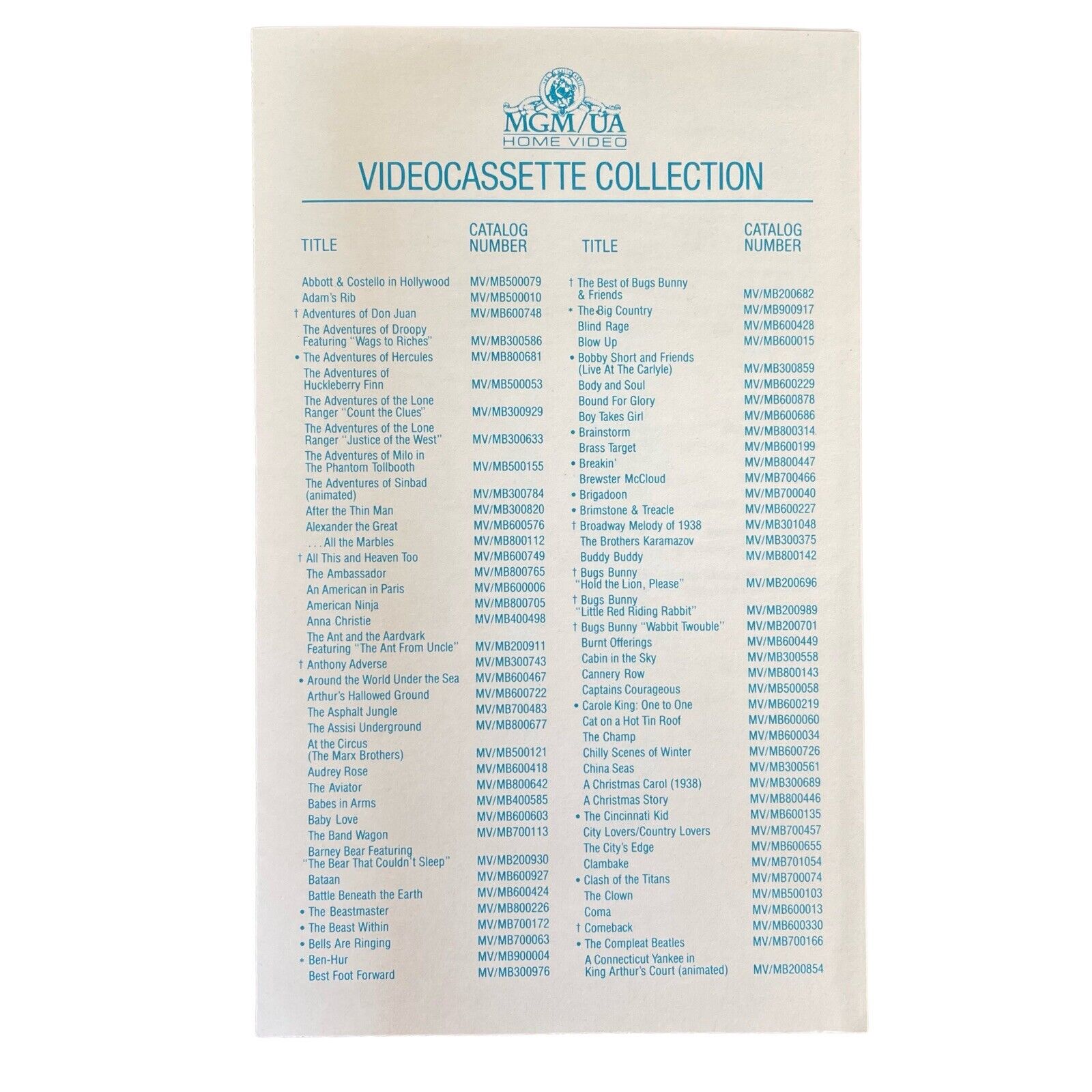 MGM / UA Videocassette Collection Brochure 4.25 x 7 inches
