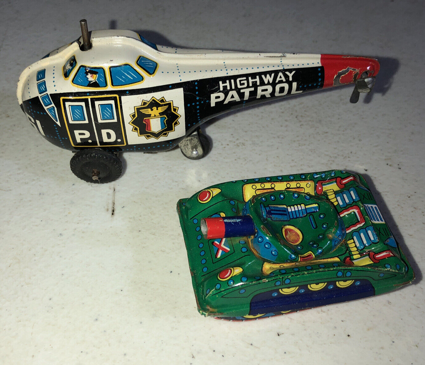 Tin Friction Toy Japan 1960’s Highway Patrol  Helicopter & Army Tank Lot 2 As Is