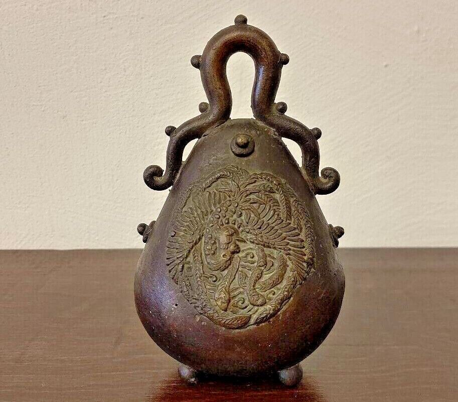 DRAGON PHOENIX Relief Engraving Buddhism Bronze Bell Japanese Antique MEIJI Art