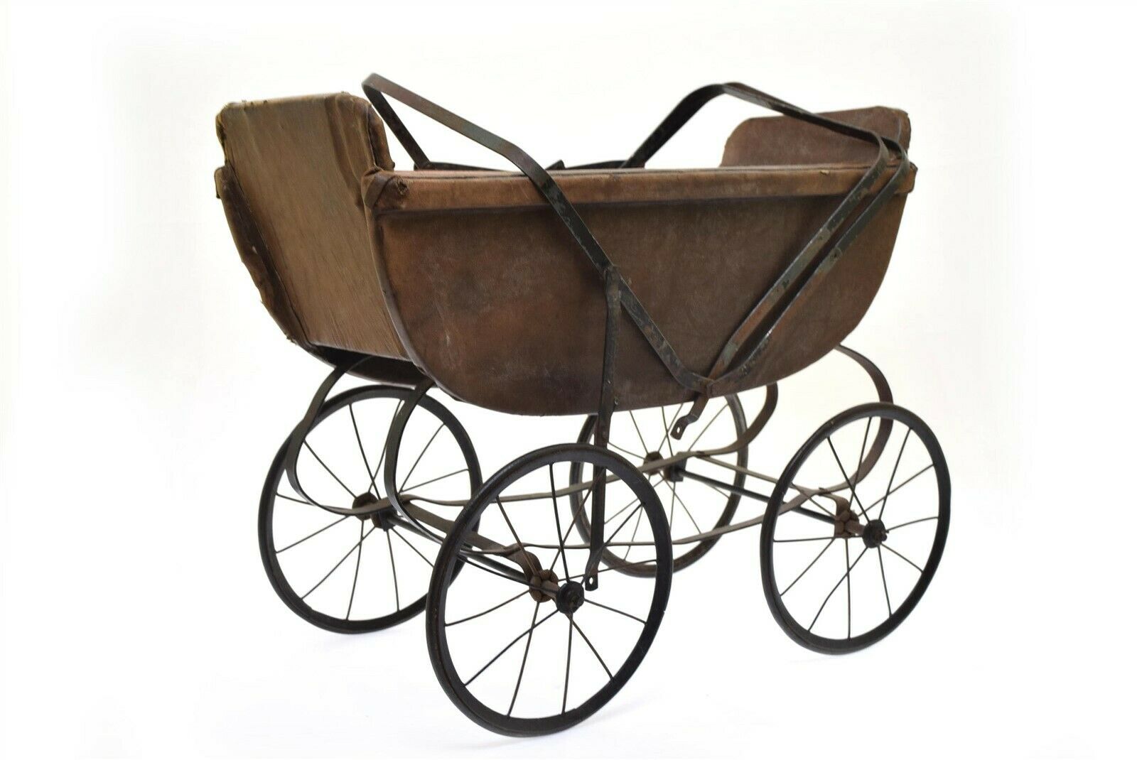 Antique Brown Leather Doll Baby Buggy Carriage Metal Wheels