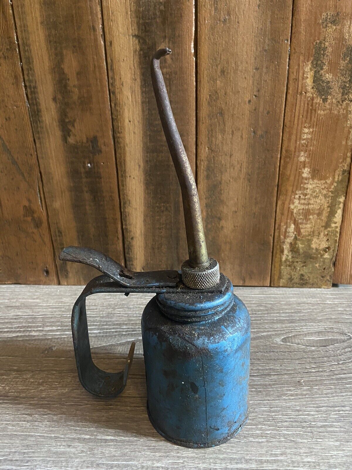 🛠antique Vintage Eagle Thumb Pump Trigger Hydraulic Oil Can Oiler Blue 10”
