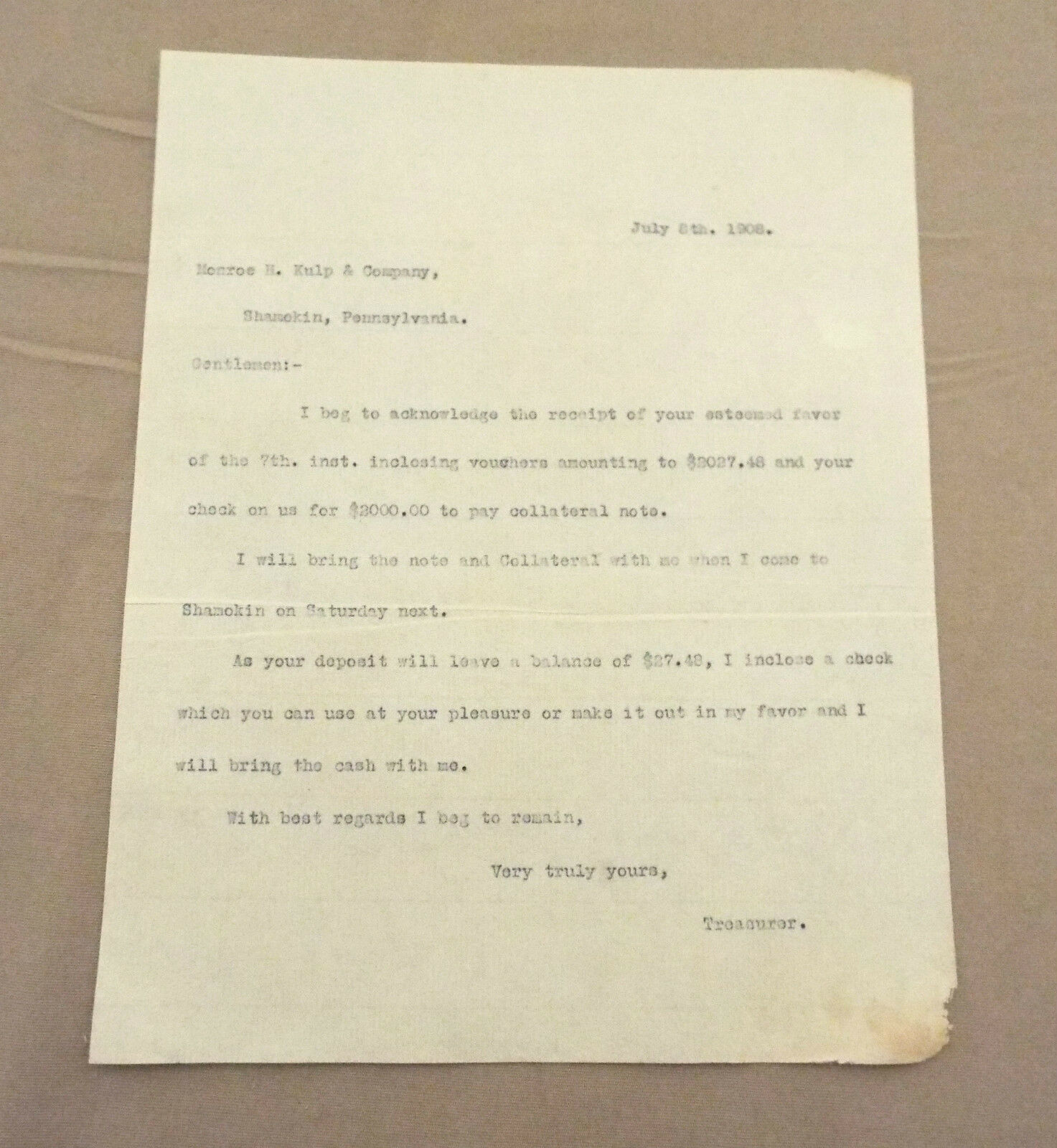 Shamokin, Pa 1908 Monroe Kulp & Co Letter