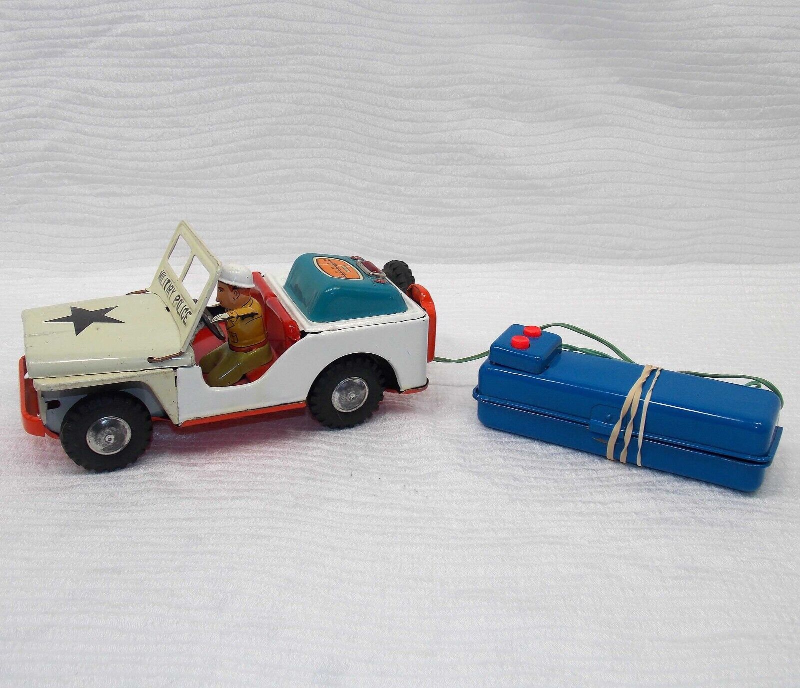 Vintage '60s Military Police Tin Jeep Toy Battery Op w/ remote Japan WORKS!