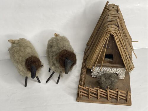 2 Needle Felted Wool Sheep With Tiny House Handmade