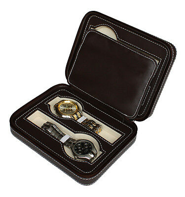 4 Watch Dark Brown Leather Travel Case Portable Zippered Storage Organizer 1150