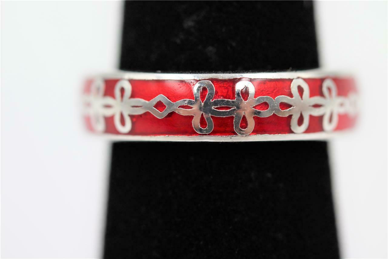 GABRIEL & CO GORGEOUS RED ENAMEL 5MM WIDE HEAVY STERLING SILVER SIZE 5 BAND