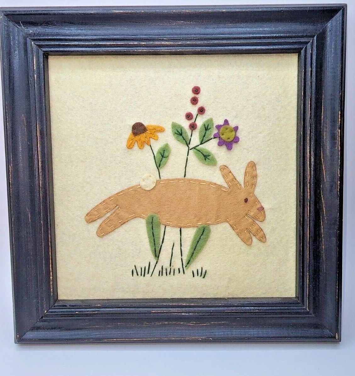 Framed Felt Rabbit Nature Flower Art With Hanger