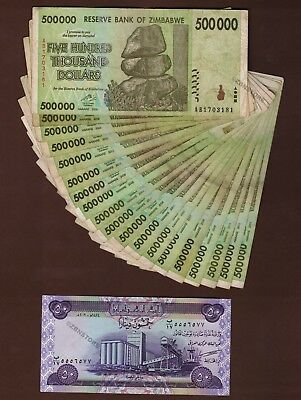 20 X 500,000 Zimbabwe Dollars Banknotes + 1 X 50 Iraq Dinar Note Iraqi Dinars