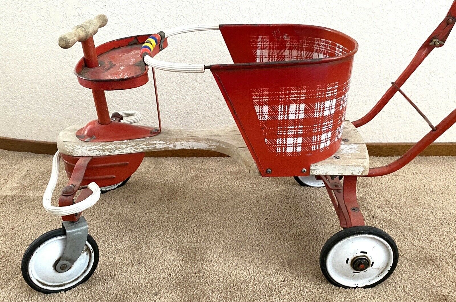 Vintage Oak Hill Kiddie Baby Walker/ Stroller 1950's Original Red Wood Metal Old