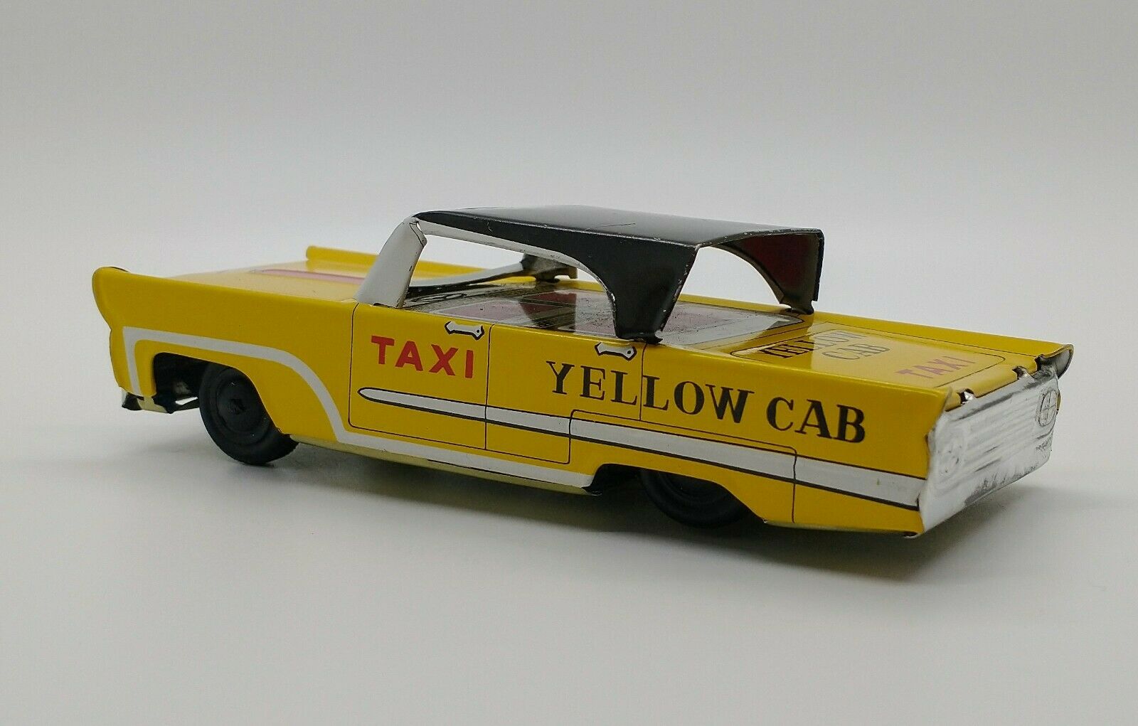 Vintage Tin Litho Friction Yellow Taxi Cab Toy Car 6