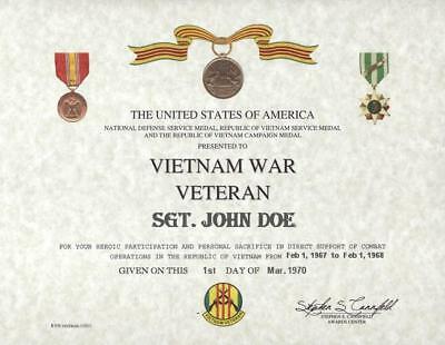 FOR ALL VIETNAM WAR VETERANS VIETNAM  CERTIFICATE ON 24 LB. PARCHMENT PAPER