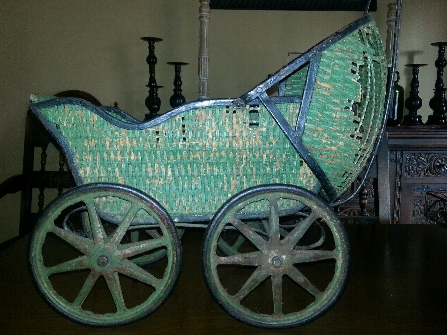 Antique Wicker Baby Carriage With Iron Undercarriage An Wheels