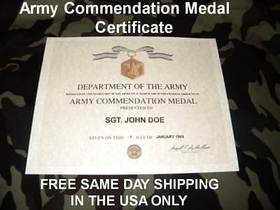 UNITED STATES ARMY COMMENDATION MEDAL  REPLACEMENT CERTIFICATE FREE SHIPPING