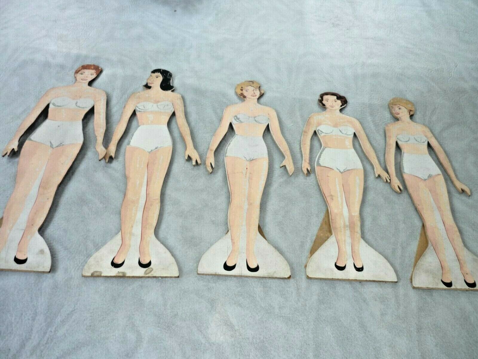 5 Vintage Hand Painted Wooden Cutout Doll Store Display Fashion Ladies