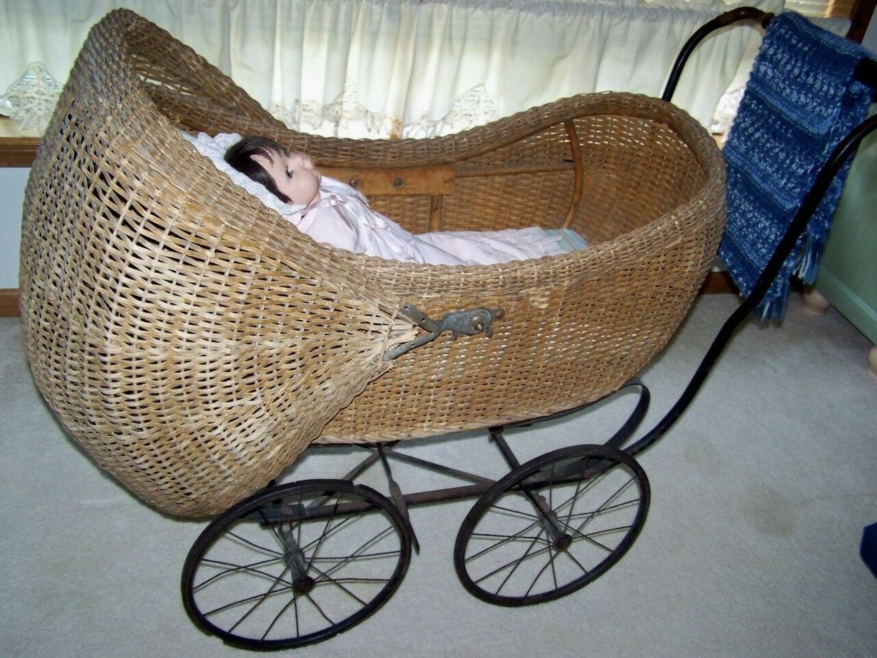1900ish Wicker Baby Buggy  Very Unique Good Condition For Its Age