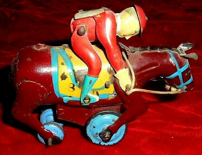 Vintage Tin Litho Friction Toy Race Horse (#8) And Jockey