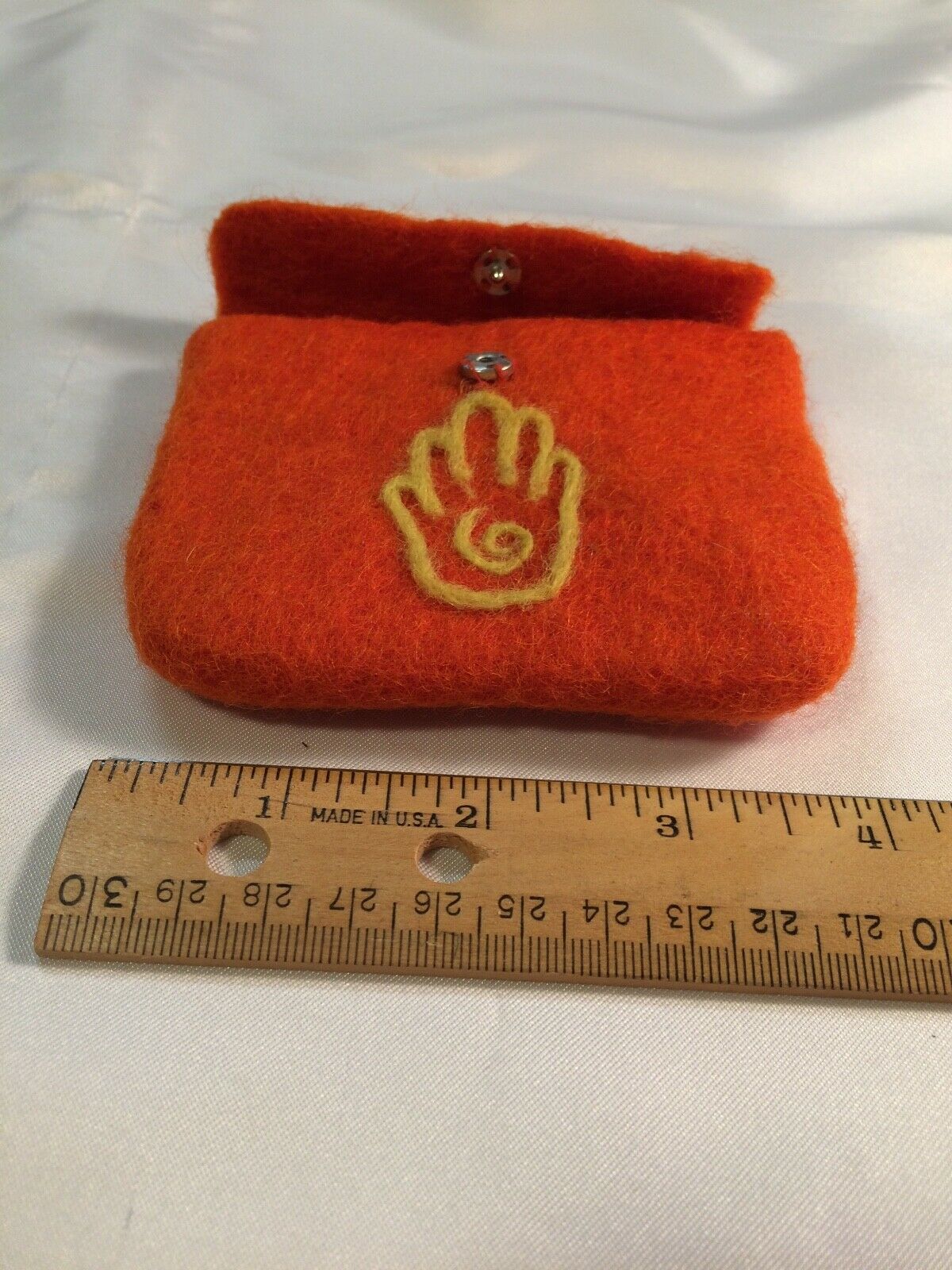 Small Hand felted pouch, orange with yellow embellishment and snap closure