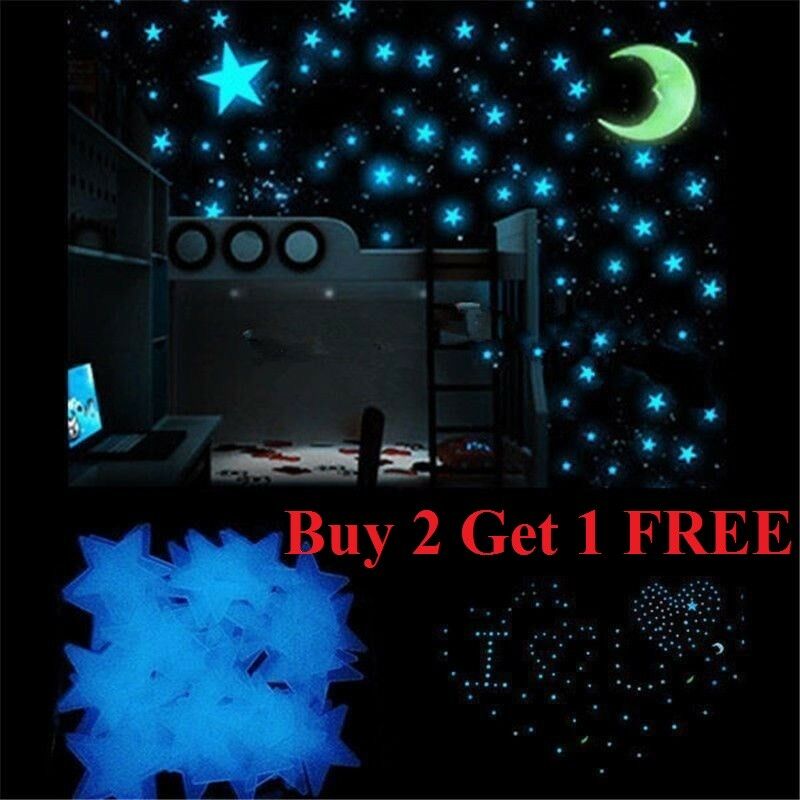 100 Pcs Pack Glow In The Dark 3d Stars Moon Stickers Bedroom Wall Room Decor Diy