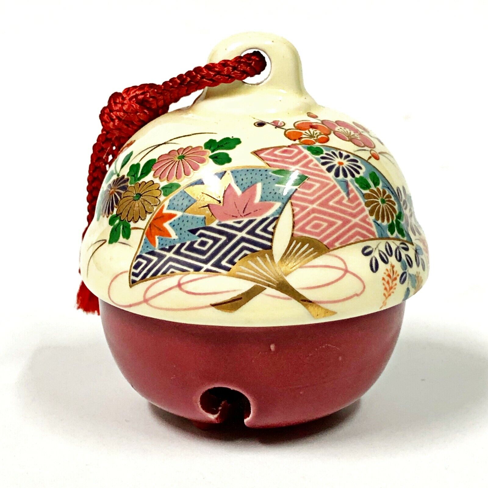 Vintage Japanese Ceramic Bell Dorei Pottery Lucky Charm Chrysanthemum Floral Art